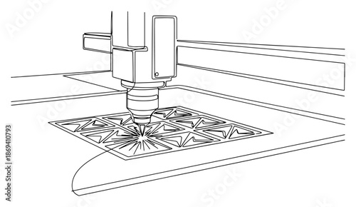 Continuous line drawing of a CNC laser cutting machine processing a metal sheet with geometric patterns