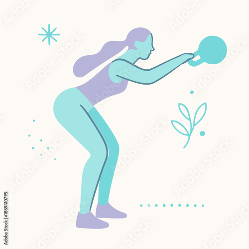 Woman performing kettlebell swing exercise with focus and determination.