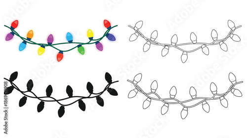 Colorful christmas lights strand with black outline variations for design projects