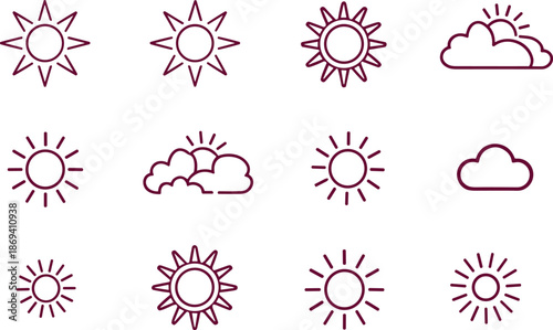 Minimal weather icon set with sun clouds rain and sky symbols simple black outline meteorology forecast illustration isolated background