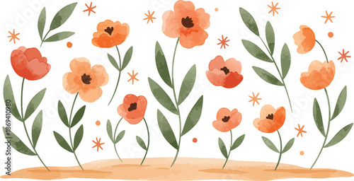 Vibrant orange poppies and wildflowers on white background with green leaves