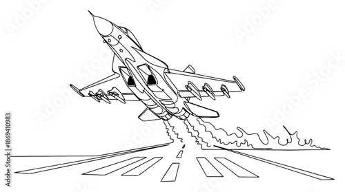 Continuous line drawing of a military fighter jet taking off from a runway with smoke trails