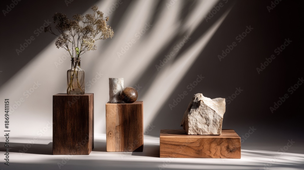 Fototapeta premium Stone blocks and vases in harsh lighting for artistic product styling and minimalist composition photography