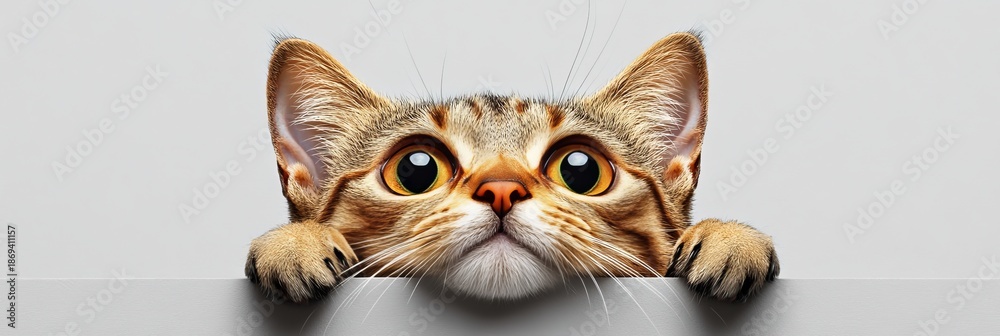 Fototapeta premium Adorable Tabby Cat with Big Eyes Curiously Peeking Over a Gray Surface, Perfect for Pet Lovers