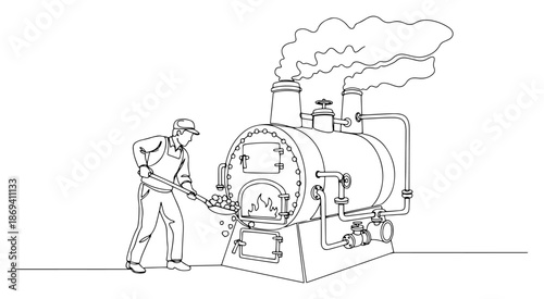 Continuous line drawing of a worker shoveling coal into a large industrial steam furnace
