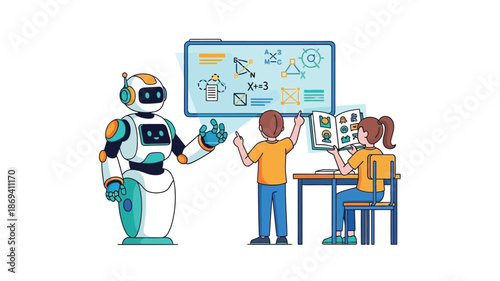 A robot teacher explaining math concepts to students in a classroom setting