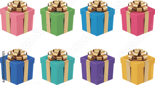 Set of colorful 3D gift boxes with golden ribbons and bows festive presents collection isolated on white background