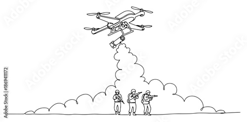 Continuous line drawing of a military drone flying over soldiers advancing through smoke