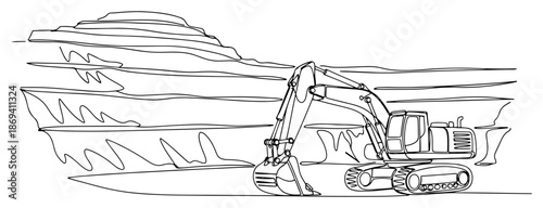 continuous line drawing of an excavator digging in an open pit mine