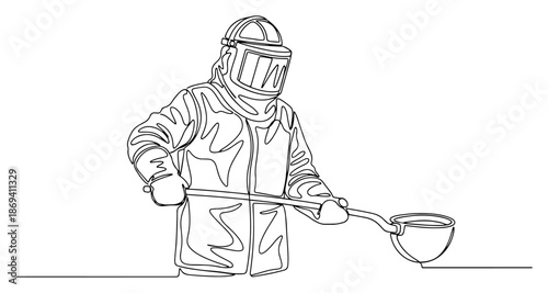 continuous line drawing of a foundry worker pouring molten metal with a ladle