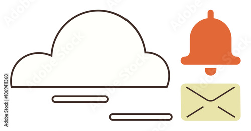 Communication, data storage, notifications, email alerts, cloud computing, digital messaging. Minimalistic cloud, bell and envelope icons alerts and messages. Notifications and Digital Messaging