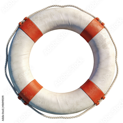 Life Buoy Ring with Orange Straps and Rope on Transparent Background