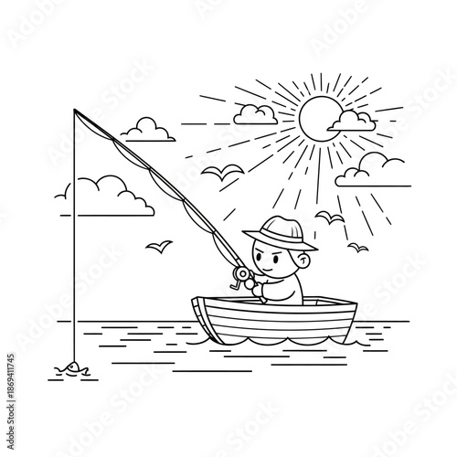 A cute cartoon boy wearing a hat fishing from a small boat in a simple black and white line art style.