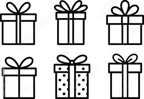 Simple black and white gift box icon set with ribbon bows minimal outline present symbols isolated on white background