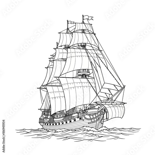 Detailed black and white line art illustration of a historic tall ship with full sails navigating the sea.