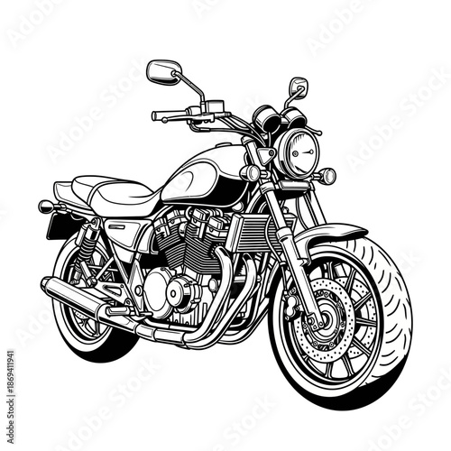 Detailed black and white line art illustration of a classic roadster motorcycle with a prominent engine.
