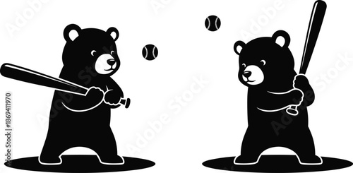 Cute cartoon teddy bear characters playing baseball with bats and balls, fun animal sports silhouettes, black and white childish vector illustration,