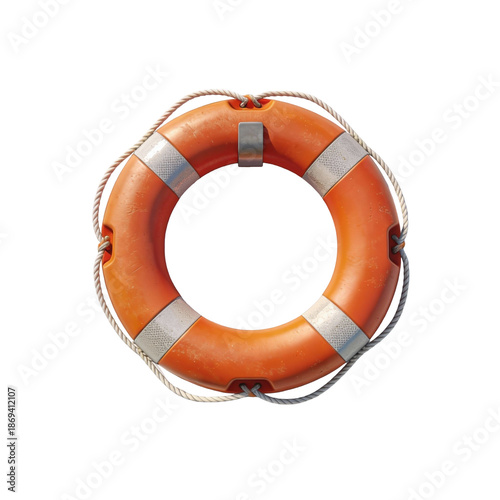 Orange Life Buoy Lifesaver Ring with Rope Isolated on Transparent Background