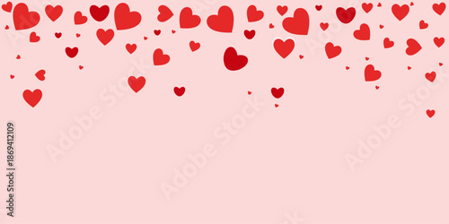 Valentine's Day horizontal banner with falling red hearts on a soft background. Elegant festive design for Valentine's Day sales, website headers, or romantic greetings. Clean space for text. Vector 