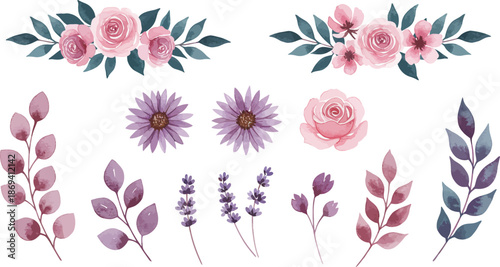 A decorative vector set of pink flowers and floral design elements featuring spring blossoms and green leaves in a seamless nature pattern for summer garden wallpaper art