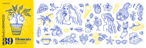 Mediterranean vacation doodle. Summer sea beach and food illustration. Mediterranean sea Italy, Greece icon. Italian Amalfi lemon, wine, food, coast. Doodle summer vacation sketch. Hand drawn beach bg