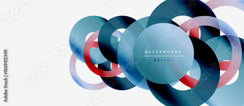 Abstract circles overlap, creating vibrant gradients. Modern design elements suggest fluidity, motion, technology. Minimalist aesthetic with cool tones.