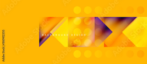 Bright yellow backdrop features abstract geometric shapes. Overlapping triangles create dynamic visual effect, dots add texture. Modern design element.