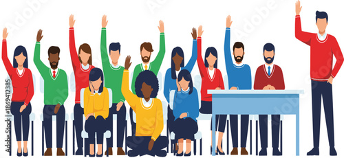 Large group of diverse people raising hands in a meeting or classroom setting, audience participation and community engagement flat vector illustration.