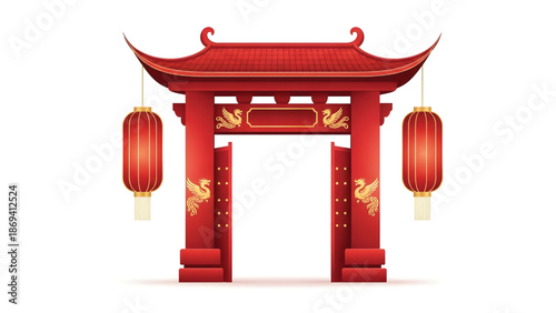 Red oriental gate with gold ornaments and Chinese lanterns