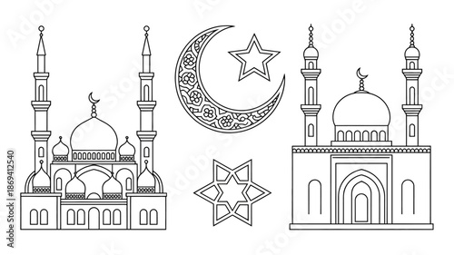 Mosque symbols intricate illustrations showcasing iconic Islamic architecture elements, evoking serenity and cultural richness, perfect for religious artwork, posters, educational materials, travel de