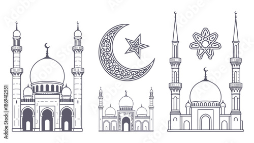 Mosque symbols intricate illustrations showcasing iconic Islamic architecture elements, evoking serenity and cultural richness, perfect for religious artwork, posters, educational materials, travel de