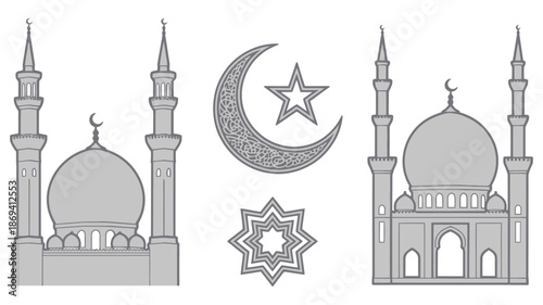 Mosque symbols intricate illustrations showcasing iconic Islamic architecture elements, evoking serenity and cultural richness, perfect for religious artwork, posters, educational materials, travel de