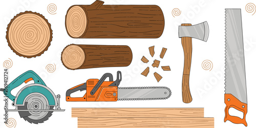 Professional woodworking tools set including chainsaw circular saw handsaw and axe with wood logs and planks for carpentry and forestry industry illustration.