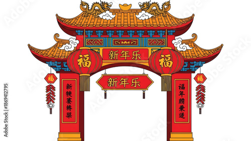 Chinese New Year gate decoration vector illustration, bright red color