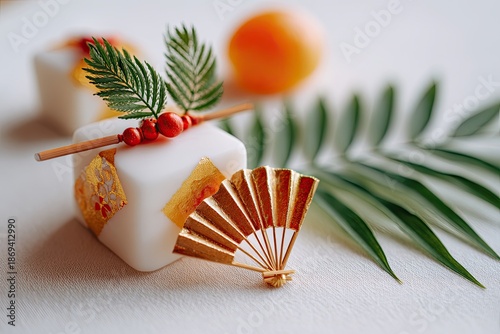 Kagami Mochi with Festive Decorations and Gold Fan - New Year Celebration