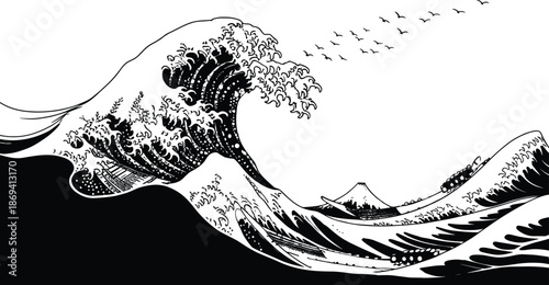 Dramatic ocean wave silhouette vector illustration with birds and distant mountain, traditional Japanese style seascape design isolated on white background