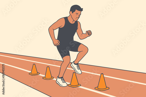 Athlete Navigating Agility Cones on Running Track.