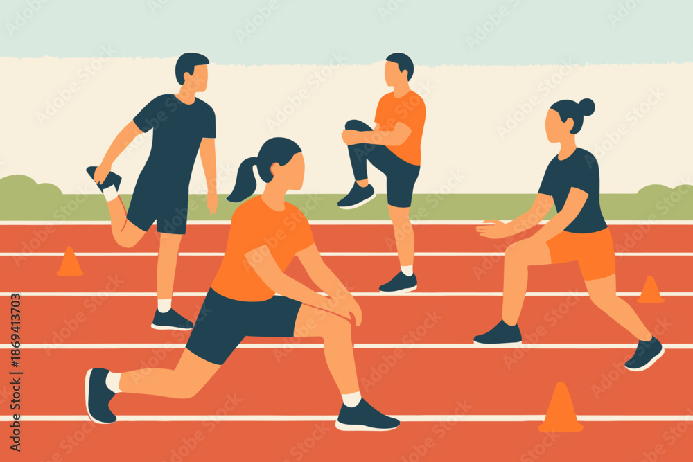 Obraz premium Group of athletes stretching on a running track before a race.