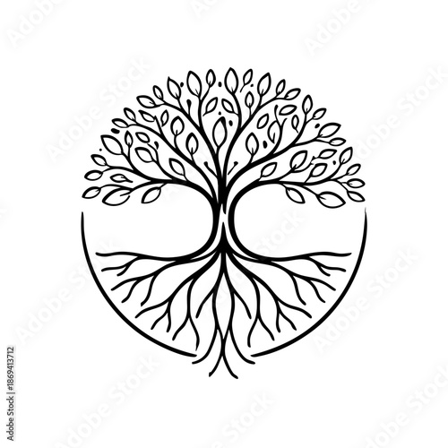 Minimal monoline tree with visible roots emblem, smooth continuous lines