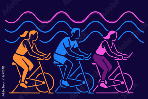 Indoor Cycling Class Group Fitness with Neon Accents.