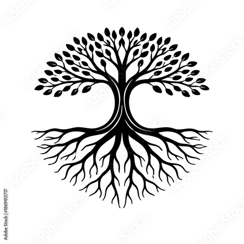 Perfectly symmetrical tree and roots crest emblem, strong vertical balance