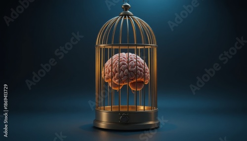 Surreal of a human brain floating inside a vintage golden birdcage, psychology power control concept. Caged brain symbolizes confinement of thoughts and ideas.