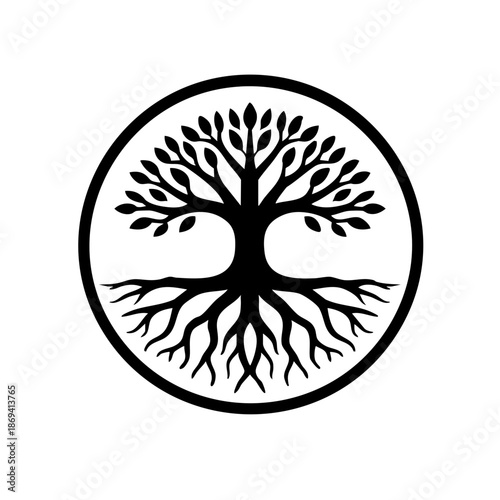 Tree with exposed roots enclosed in a circular badge, bold silhouette