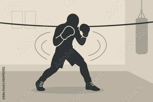 Silhouette of a Boxer in Action with Boxing Gloves.