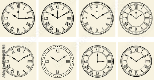 Vintage set of elegant round clock faces with roman numerals and classic hands isolated on cream background for decorative interior design and watchmaking.