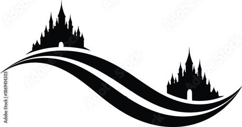 Fantasy castle silhouette vector illustration with flowing wave shapes, fairytale kingdom landscape design isolated on white background, minimalist black decorative art style