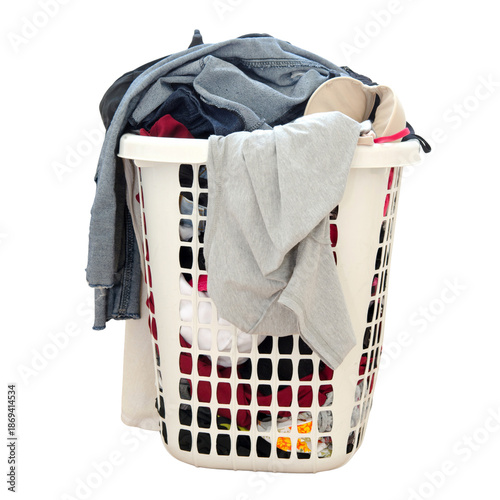 Overflowing White Laundry Basket with Dirty Clothes Isolated