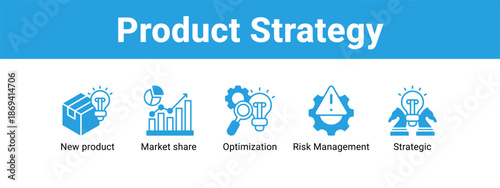 Product Strategy web banner icon vector illustration concept ,  with icon of New product, Market share, Optimization, Risk.
