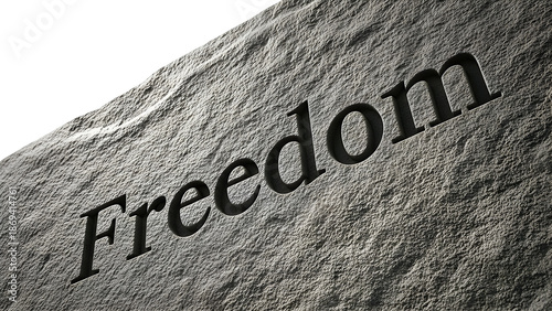 The word Freedom is carved into the surface of a rock, emphasizing its timeless and enduring nature. The texture of the stone adds a sense of history and strength