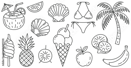 Summer essentials collection featuring beach-themed illustrations including food, drinks, and tropical elements for seasonal designs, posters, banners, social media, branding, invitations, and creativ